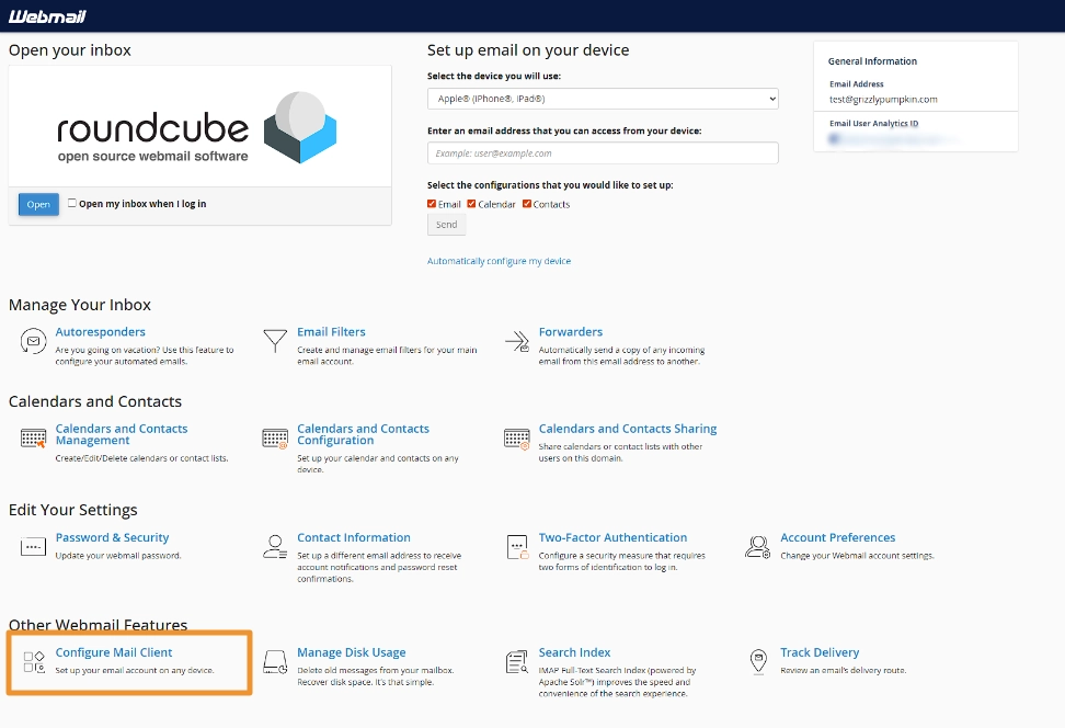 Webmail home page with the Configure Mail Client option highlighted