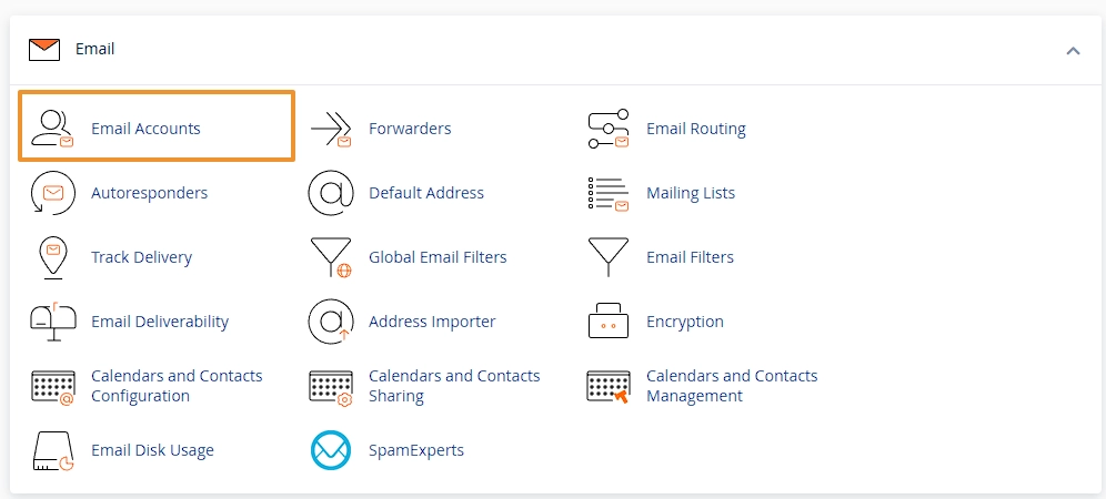 cPanel "Email" group with the "Email Accounts" item highlighted