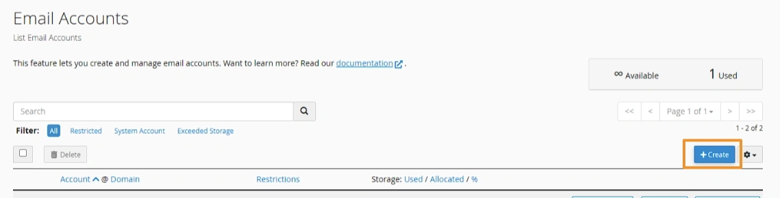List of email accounts with the create button highlighted