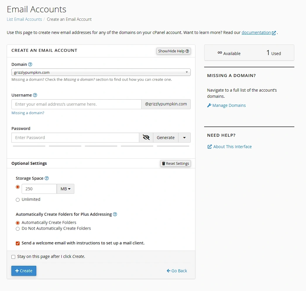 The create email account form
