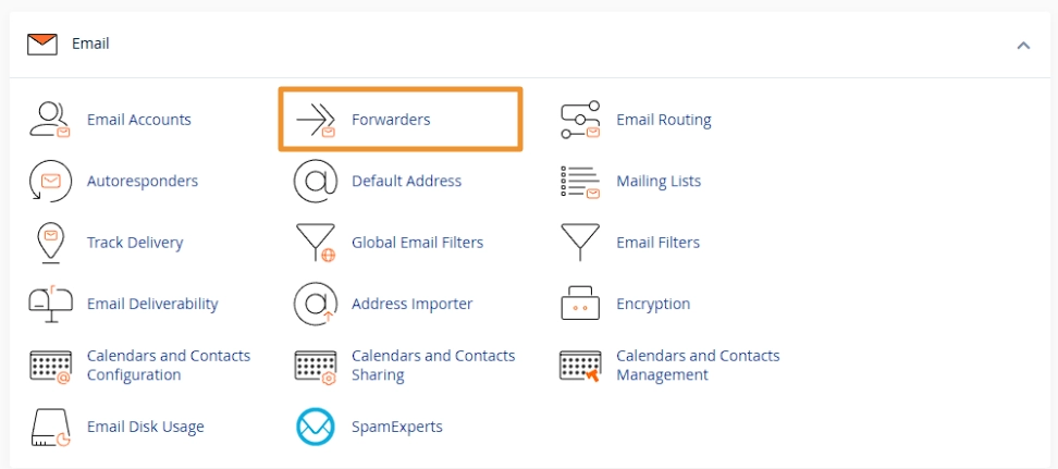Email forwarders link highlighted.