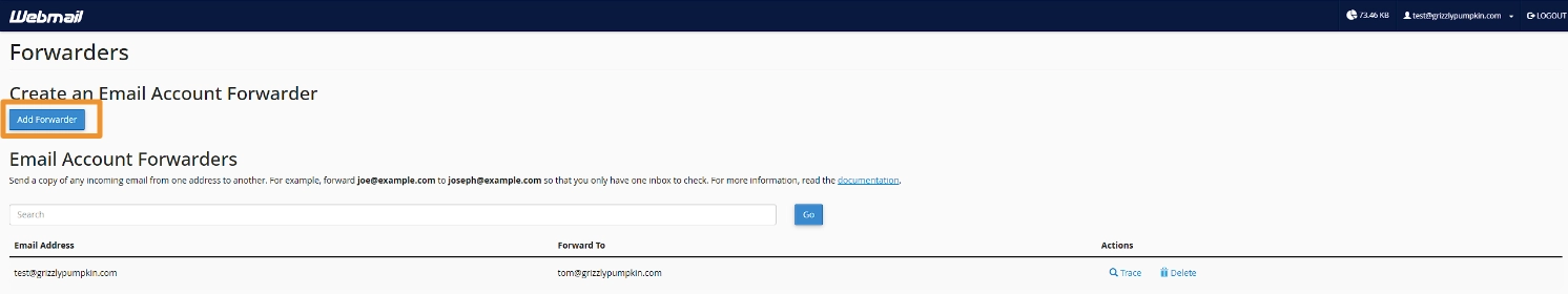 List of forwarders when logged in to Webmail.