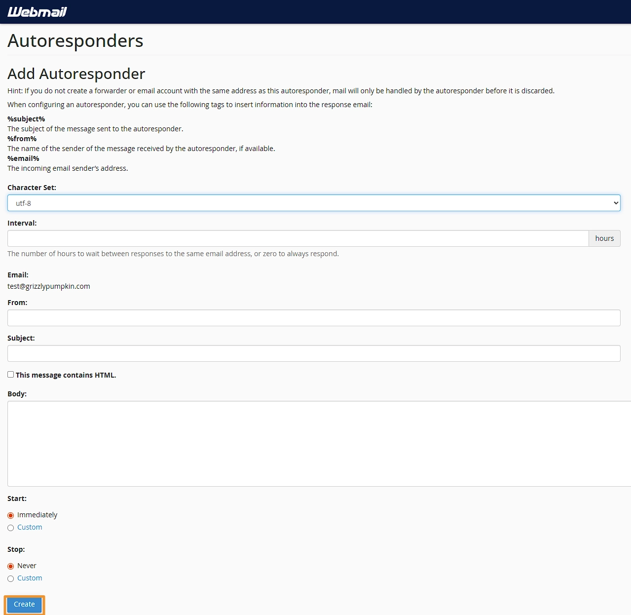 Create autoresponder form with Create highlighted.