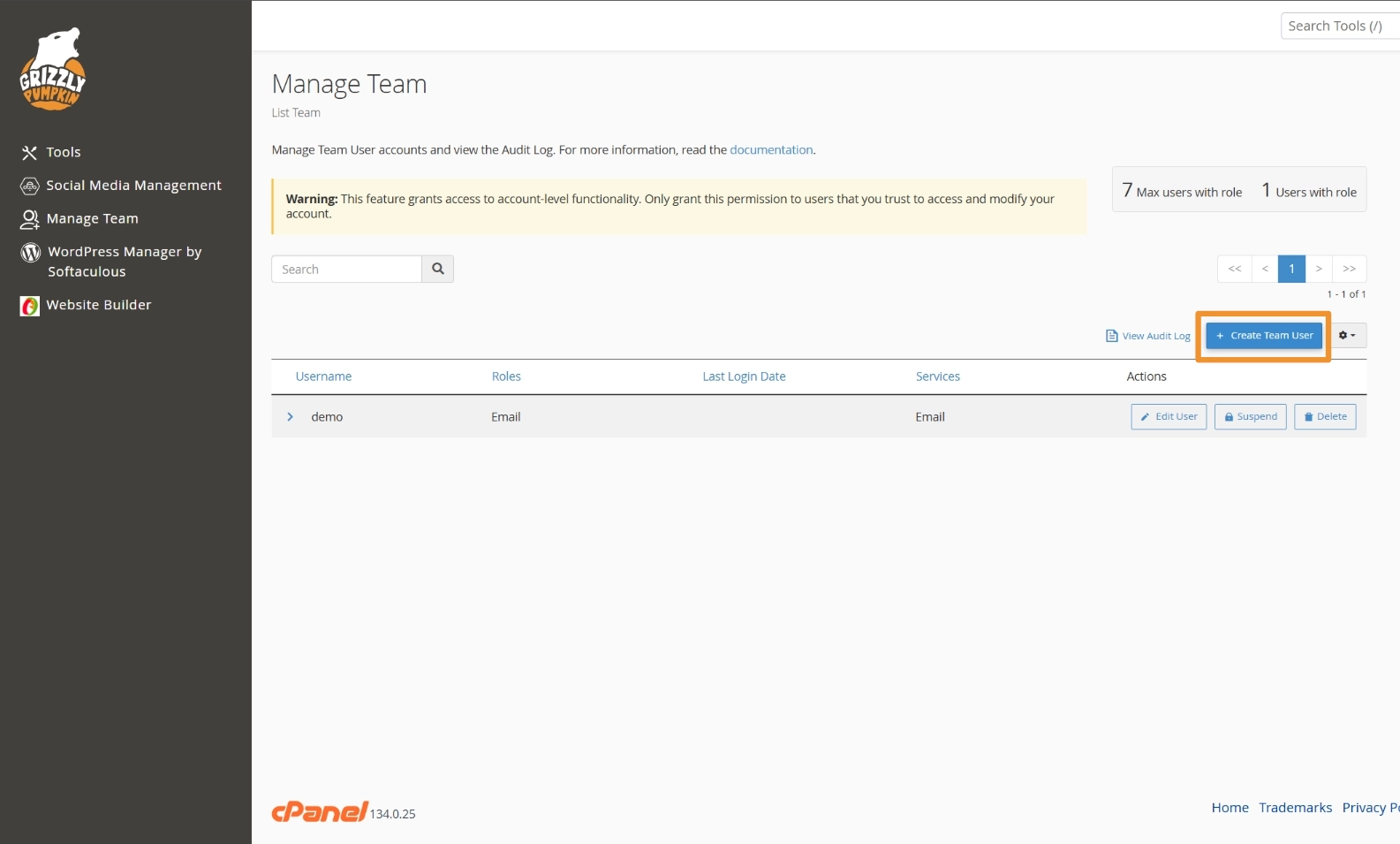 Example screen showing a list of team members.